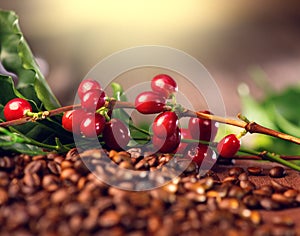 Coffee. Real coffee plant on roasted coffee background