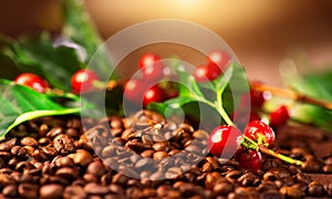 Coffee. Real coffee plant on roasted coffee background