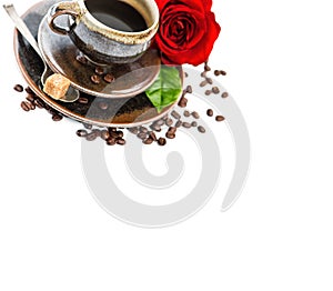 Coffee red rose flower white background