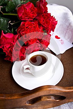 Coffee and red roses for Valentine's day