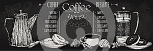 Coffee restaurant brochure vector, coffee shop menu design. Vector cafe template with hand-drawn graphic. Coffee flyer.