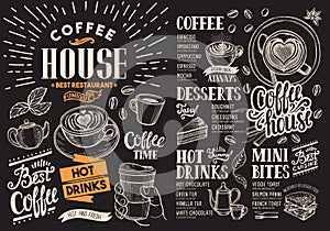Coffee restaurant menu on chalkboard. Vector drink flyer for bar