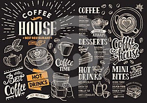 Coffee restaurant menu on chalkboard. Vector drink flyer for bar photo