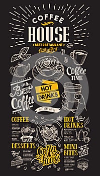 Coffee restaurant menu. Vector drink flyer for bar and cafe on b