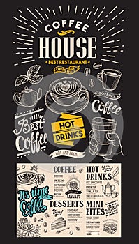 Coffee restaurant menu. Vector drink flyer for bar and cafe. Design template with vintage hand-drawn food illustrations on