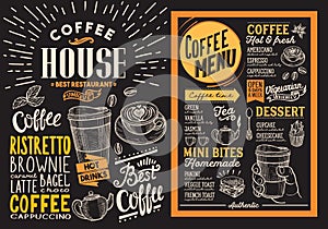 Coffee restaurant menu. Vector drink flyer for bar and cafe. Design template on blackboard background with vintage hand-drawn foo
