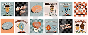 Coffee retro cartoon fast food posters and cards. Comic character slogan quote and other elements for burger bar restaurant.
