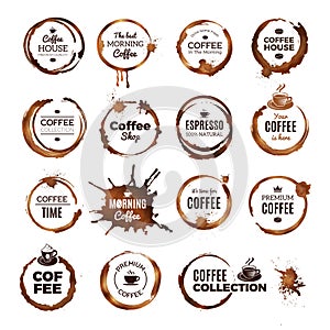 Coffee rings badges. Labels with dirty circles from tea or coffee cup restaurant logo template