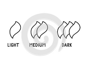 Coffee Roasting Levels. Light, medium, dark text. Three degrees of roast of beans. Curved flame symbol with lettering. Linear