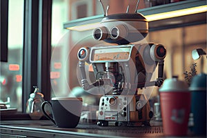 Coffee Robot chef prepares coffee in bar. Replacing human labor with robotics. Future concept with smart robotics and