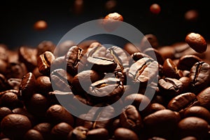 Coffee\'s Essence Coffee Beans in Flight on a Dark Background, Perfect for Cafe Advertising, Packaging, and Menu Design.