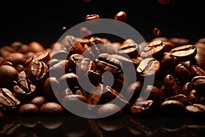 Coffee\'s Essence Coffee Beans in Flight on a Dark Background, Perfect for Cafe Advertising, Packaging, and Menu Design