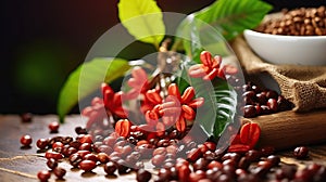 Coffee\'s Natural Symphony, Elements of Beans, Fruits, Flowers, and Leaves Gracing a Wooden Table