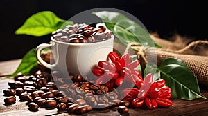 Coffee\'s Natural Symphony, Elements of Beans, Fruits, Flowers, and Leaves Gracing a Wooden Table