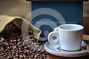 Coffee sack, with espresso coffee and an old blue grinder