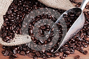 Coffee sack with scoop and beans.