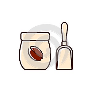 Coffee sacs with scoop and beans cartoon icon. Color filled symbol. Isolated vector illustration