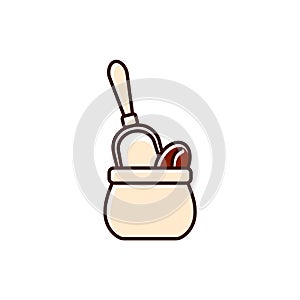 Coffee sacs with scoop and beans flat icon. Color filled symbol. Isolated vector illustration