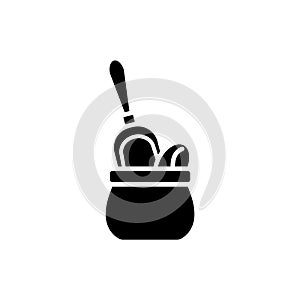 Coffee sacs with scoop and beans glyph icon. Black silhouette symbol. Isolated vector illustration