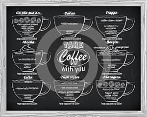 Coffee scheme calao, frappe,mocha, borgia, latte, irish, mazagr