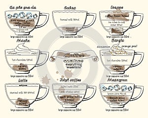 Coffee scheme calao, frappe,mocha, borgia, latte, irish, mazagr