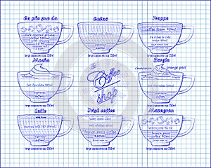 Coffee scheme calao, frappe,mocha, borgia, latte, irish, mazagr