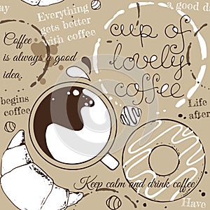 Coffee seamless pattern with croissant donut