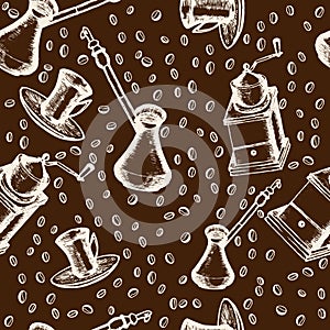 Coffee seamless pattern, turkish coffee pot, mechanical grinder