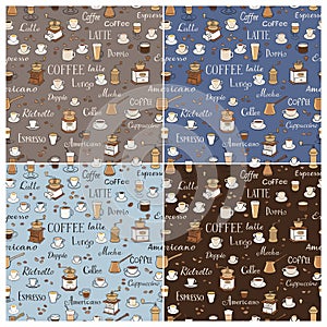 Coffee seamless patterns. Color drawings of cups, coffee grinders and inscriptions