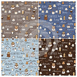 Coffee seamless patterns. Color drawings of cups, coffee grinders and inscriptions photo