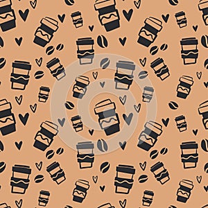 Coffee seamless vector pattern in a cute style for backgrounds, banners, menus, coffee shops, wrapping paper, textiles, etc