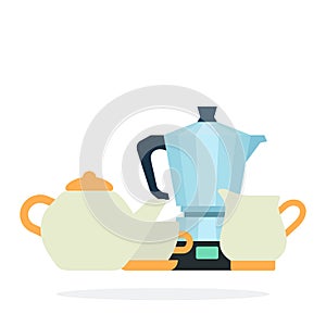 Coffee service with Electric coffee maker vector flat isolated