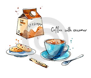 Coffee serving. Coffee with creamer and cookies watercolor sketch