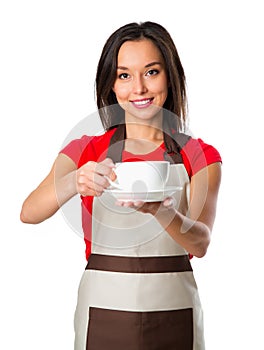 Coffee serving waitress. Young asian barista woman smiling