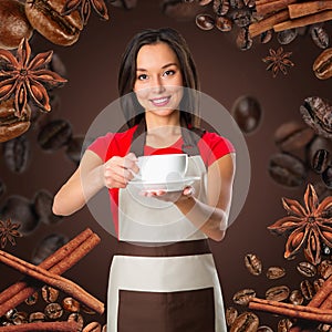 Coffee serving waitress. Young asian barista woman smiling