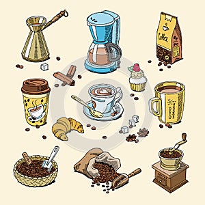 Coffee set coffeebeans and coffeecup vector drink hot espresso or cappuccino in coffeeshop and mug with caffeine in bar photo