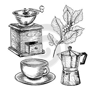 Coffee set. Hand drawn coffee set. Ancient grinder, geyser or moca, cup and branch. Vector engraved icon. Morning fresh photo