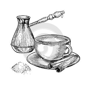 Coffee set. Hand drawn coffee cezve, anchient equipment for espresso, mug and spice. Vector engraved icon. Morning fresh