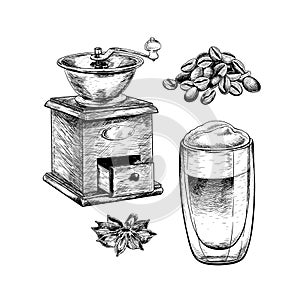 Coffee set. Hand drawn coffee cup of cappuccino or late and retor hand grinder with spices. Vector engraved icon