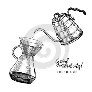 Coffee set. Hand drawn pour over and coffe kettle. Alternative brewing method. Barista equipment. Vector engraved icon