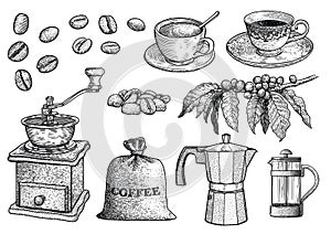 Coffee set illustration, drawing, engraving, ink, line art, vector