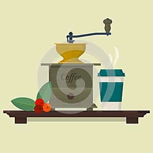 Coffee set with coffee mill, beans and cup. Isolated vector objects. Vector illustration