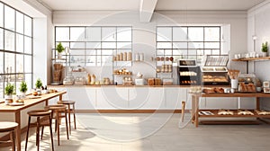 a coffee shop, a 3D render, bright window lit kitchen, minimalist, bakery, generative ai