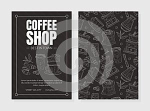 Coffee Shop Advertising Two-sided Leaflet with Hand Drawn Food Items Vector Design