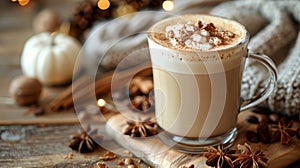 coffee shop ambiance, a warm vanilla latte resting on a wooden table in a cozy setting, ideal for a peaceful afternoon