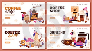 Coffee shop banner set with barista people in drink preparation process