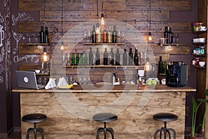 Coffee shop bar counter with wine bottles