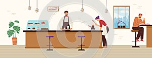 Coffee shop with barista and client drinking coffee, flat vector illustration.