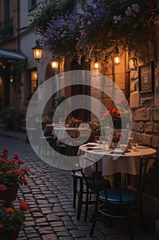 Coffee Shop, Bossa Nova style, cute tables outside, cobblestone road, flowers