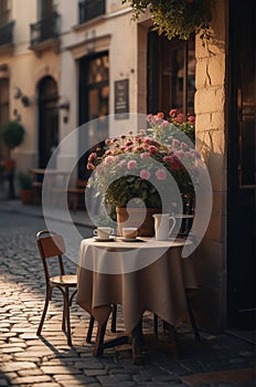 Coffee Shop, Bossa Nova style, cute tables outside, cobblestone road, flowers